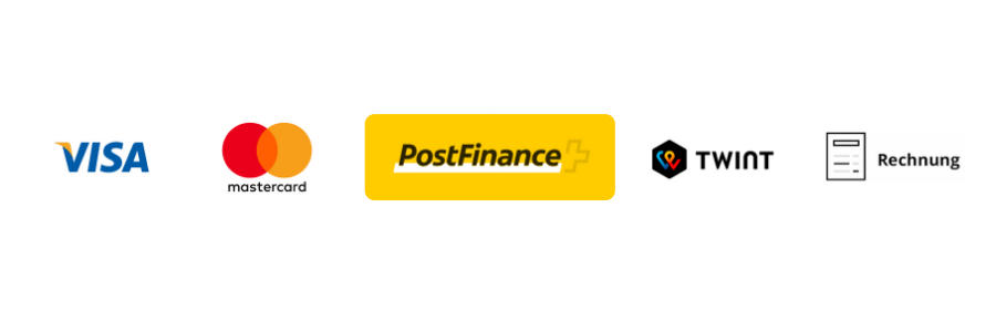Sichere Zahlungsmethoden: Visa, Mastercard, PostFinance, Twint, Rechnung