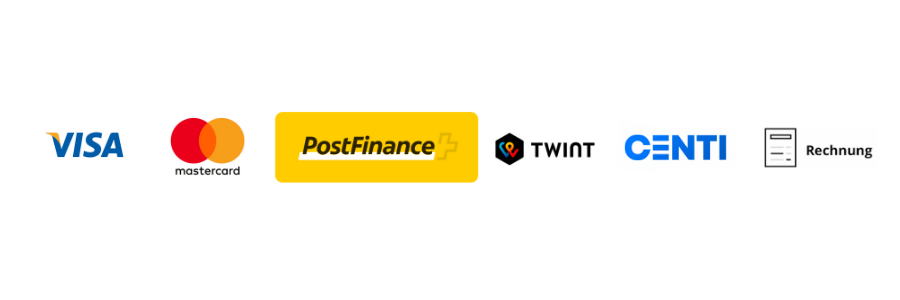 Sichere Zahlungsmethoden: Visa, Mastercard, PostFinance, Twint, Centi