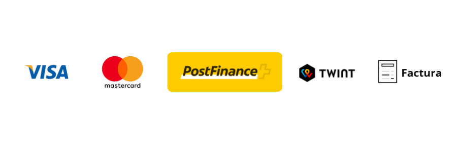 Pagamentos seguros com Visa, Mastercard, PostFinance, TWINT e Fatura